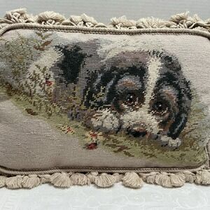 Borgata NEEDLEPOINT  PILLOW Resting Puppy laying in Grass Tassel Trim Handmade